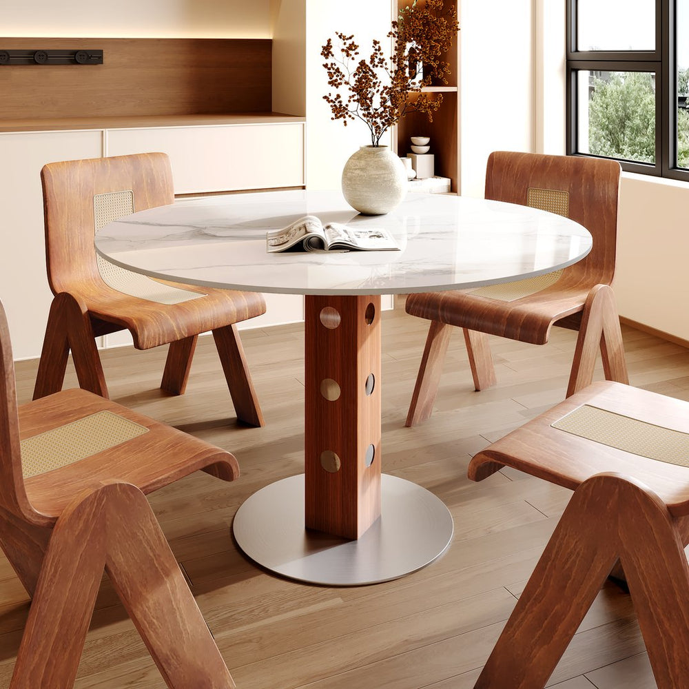 English Elm 2-4 Person Round Solid Wood Dining Table, Walnut Base & White Stone Top For Cozy Spaces & Nooks T3833S00058