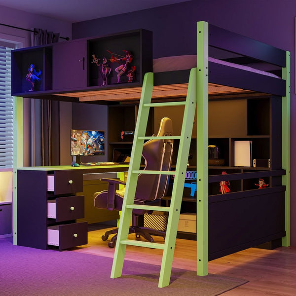 English Elm Full Size Gaming Loft Bed with Led Lighting Desk Drawers and Display Shelving Green LT000263AAF