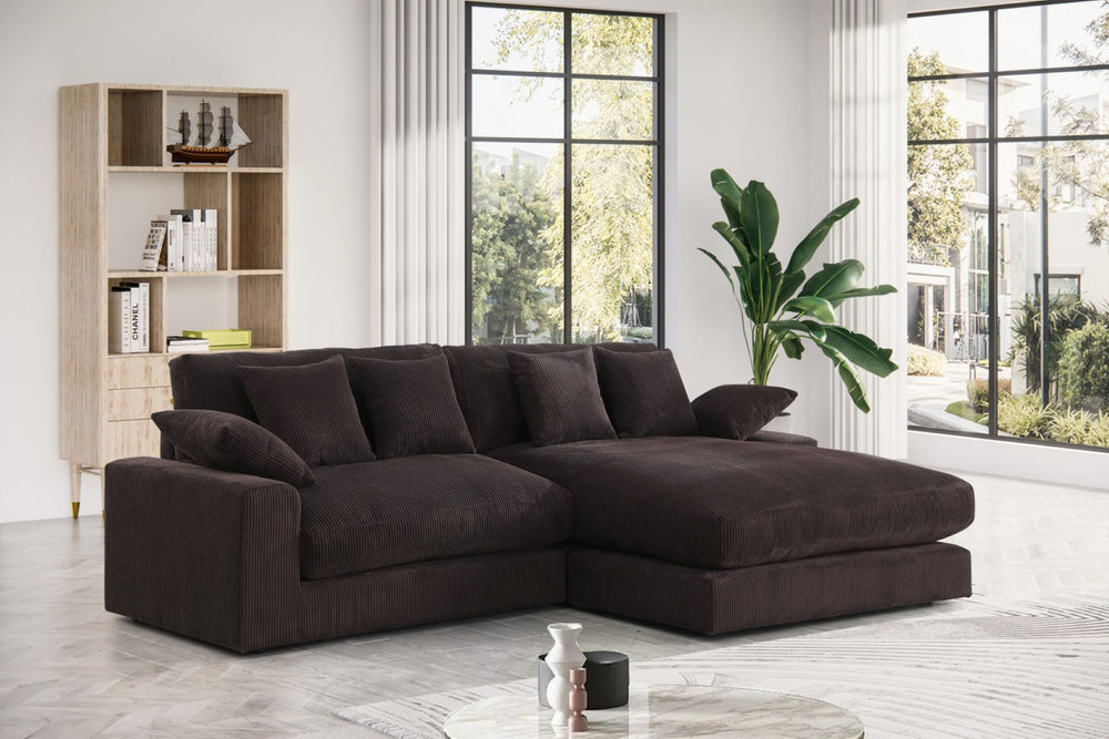 English Elm Astra Corduroy Reversible Sectional Sofa with Chaise Six Pillows Casual Living Room Chocolate B2749S00211