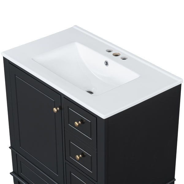 English Elm Christopher Knight Home® - 30" Freestanding Bathroom Vanity with Ceramic Sink, Soft-Close Door, Gold Knobs & 3 Drawers, Durable Painted Finish Black N759P225994B