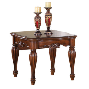 English Elm Cherry End Table with Carved Apron and Turned Fluted Legs, Cherry Veneer Top, Sleek 18mm Profile B062P189187