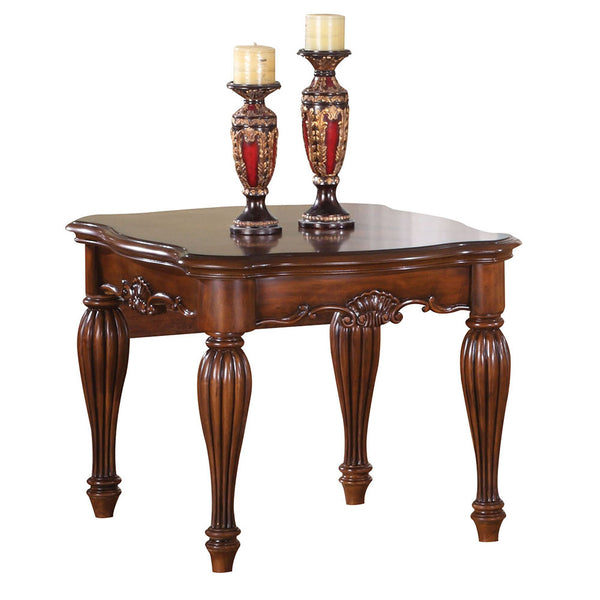 English Elm Cherry End Table with Carved Apron and Turned Fluted Legs, Cherry Veneer Top, Sleek 18mm Profile B062P189187