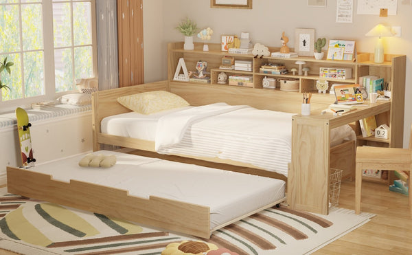 English Elm Wooden Twin Daybed with Trundle Built-in Desk and Open Shelves for Kids Rooms Natural N733S373389M