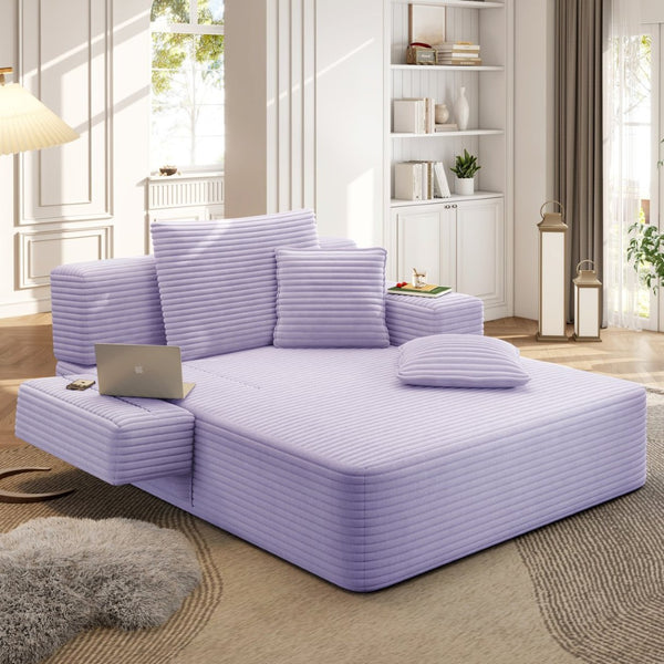 English Elm Luxurious Corduroy Frameless Chaise Sofa Bed with Spring Cushion and Storage Pocket Purple W3219P496264