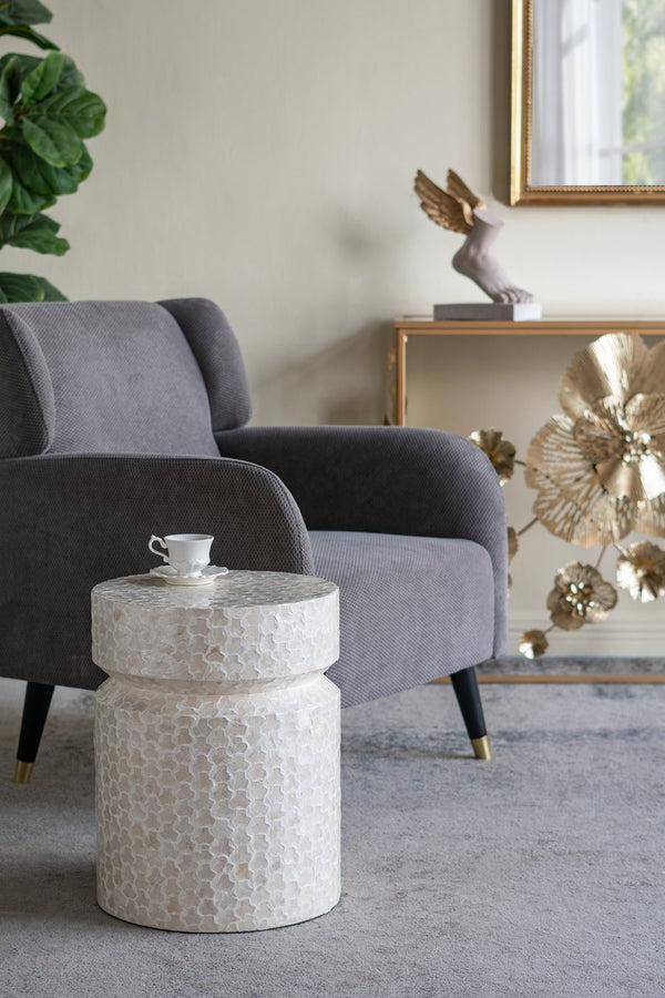 English Elm 14x14x18" Capiz Stool with Ogee Pattern and Brass Base — Modern Geometric Accent Seat for Living Spaces White W2078P326514