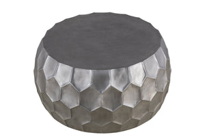 English Elm Modern Round Hand-Hammered Aluminum Coffee & End Table Set — Hexagonal Patterned Artisanal Design Silver B009S01530