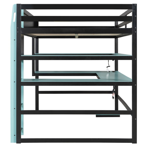 English Elm Full Size Gaming Loft Bed with Rgb Lights Wraparound Shelves and Built-in Usb Ports Blue LT000299AAC