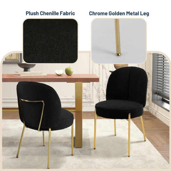 English Elm Black Teddy Upholstered Dining Chairs Set Mid Century Modern with Gold Metal Legs T3609P482844