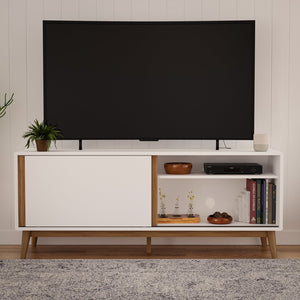 English Elm Brookside Mid-Century TV Stand White & Oak – 65"‑Ready Laminate Wood, Sliding Doors, Cord Management B350P326200