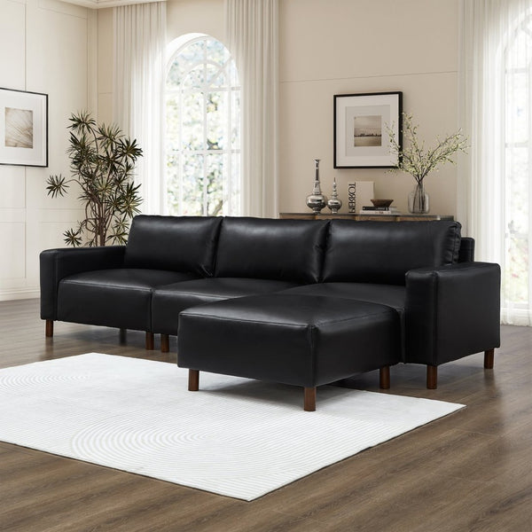 English Elm Modern Pu Leather L-shaped Sectional with Convertible Ottoman Chaise for Living Rooms Black W1097S00261