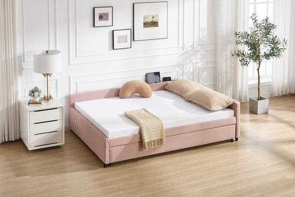 English Elm Upholstered Velvet Daybed with Pull Out Trundle Diamond Tufted Guest Bedroom Sofa Pink W1361S00066