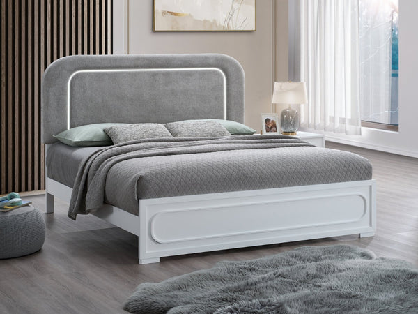English Elm Milan Full Bed with Upholstered Headboard Led Frame Accents and Contemporary Design White B078S00705
