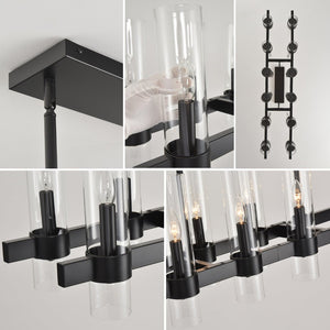 English Elm 63 Inch Matte Black Linear Chandelier 16 Seeded Glass Shades Modern Farmhouse Dining W5008P392739
