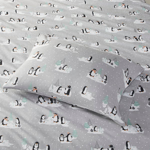 JLA Home True North by Sleep Philosophy - Printed ultra-soft cotton flannel sheet set with brushed finish, OEKO-TEX certified warmth and durability Grey Penguins TN20-0365