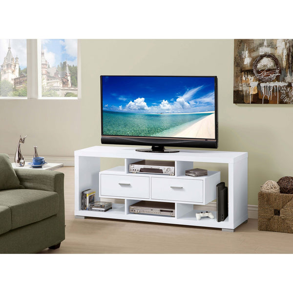 English Elm Ozawa White 2-Drawer Engineered Wood TV Stand with Open Shelves, Durable Melamine Finish, Spacious Storage for Living Room Entertainment B062P331087