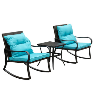 English Elm Metal Outdoor 2-Person Rocking Patio Set with Handwoven Wicker, Plush Cushions & Sturdy Table Blue W1859P399625