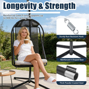 English Elm Hanging Egg Chair with Freestanding Steel Stand Rattan Cocoon Seat for Patio Balcony Black+Gery T5880P494887