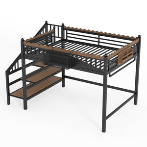 English Elm Twin Xl Metal Loft Bed with Stair Storage Shelves Sturdy Steel Frame for Dorms W1580S00379