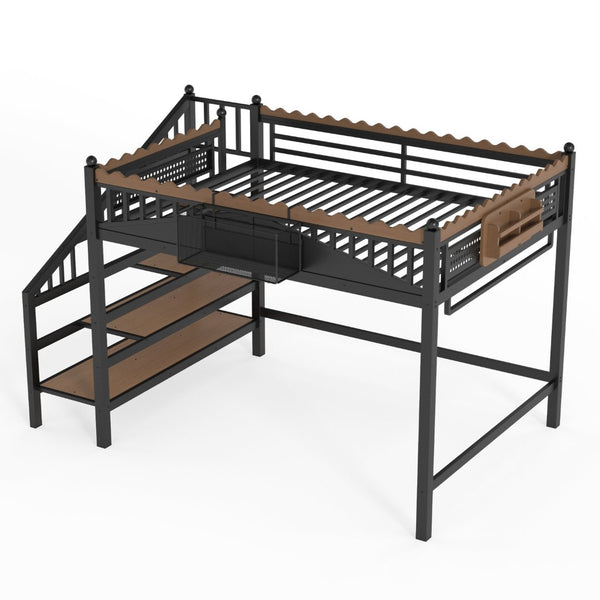 English Elm Twin Xl Metal Loft Bed with Stair Storage Shelves Sturdy Steel Frame for Dorms W1580S00379