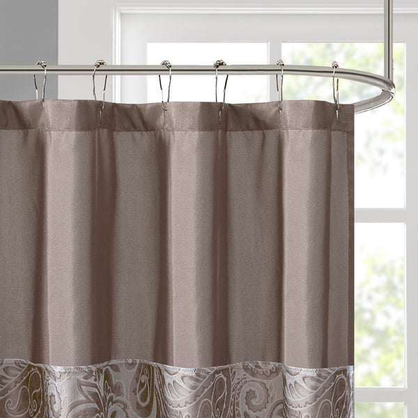 JLA Home Madison Park - Jacquard shower curtain with woven paisley texture, contrast top stripe, durable machine-washable style Blue/Brown MP70-224
