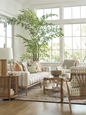 Lexington Tommy Bahama Home Tortuga Round End Table – Coastal-inspired Elegance With Glass Top, Rattan Base & Natural Materials Sunwashed  579-950c