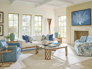 Lexington Tommy Bahama Home Coral Reef Cocktail Table: Elegant Driftwood Design With Leather-wrapped Rattan & Glass Top Sunwashed  579-949c