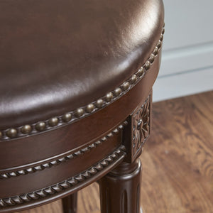 English Elm 26in. Faux Leather Swivel Barstool Nailhead Trim Carved Wood Counter Height Kitchen B2751P436436