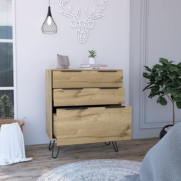 English Elm Augusta Mid-Century Light Oak Dresser with Hairpin Legs, 3 Drawers, Spacious Top for Decor and Storage Beige 34.6 L x 23.6 W x 6.7 H B20091823