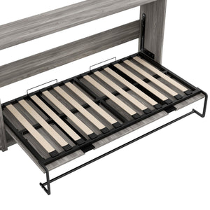 English Elm Twin Murphy Bed with Drawers & LED Light — Space-Saving Gray Cabinet Bed, Solid MDF/Pine, 800lb Capacity N709P002049D