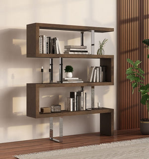 VIG Furniture Maze Modern Walnut Bookcase With Spacious Shelves, Stainless Steel Accents, Durable Veneer Finish - 51"W X 14"D X 67"H VGBBMD105-WAL