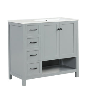 English Elm 36" Freestanding Bathroom Vanity Solid Wood Mdf Cabinet Ceramic Undermount Sink Open Shelf Grey N725P364203E