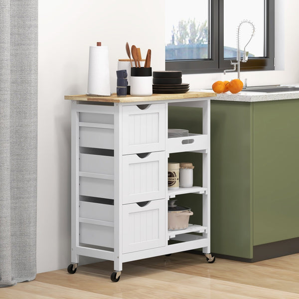 English Elm HOMCOM Rolling Kitchen Island Cart with Butcher Block, 3 Drawers, Removable Tray & Wheels W2225P173895