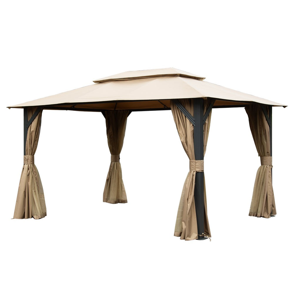 English Elm 10'x13' Outdoor Gazebo Steel Frame Double Roof Patio Shelter with Netting and Curtains Brown W1859P425842