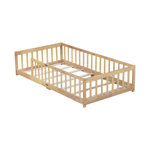 English Elm Twin Low Profile Rubberwood Floor Bed with Full Safety Fence for Toddler Rooms Natural W504P429336