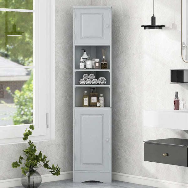 English Elm Multi-Functional Corner Cabinet Tall Trapezoid Bathroom Storage with Adjustable Shelves, Doors, Anti-Dump Device Grey WF530911AAE
