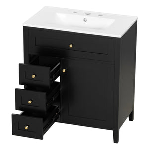 English Elm 30-Inch Contemporary Bathroom Vanity with Sink, MDF & Rubberwood, Glossy Finish, 3 Drawers + Cabinet Black N725P350819B
