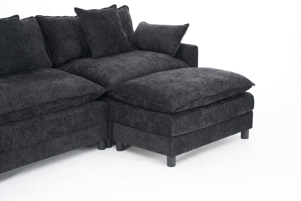 English Elm 108" L-shaped Chenille Cloud Sectional Deep Seat Sofa with Ottoman for Living Rooms Black W3244S00004