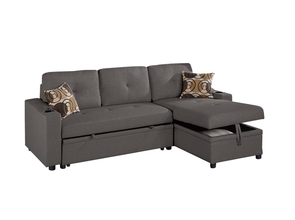 English Elm Poundex Reversible Convertible Sectional with Storage, Cup Holders, Tufted Cushions & Chaise Bed B089S00174