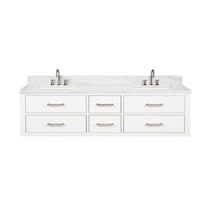 English Elm White Double Bath Vanity Set With Carrara Marble Top, Chrome Faucets, And Ample Storage Space B2731P258086-GIGA