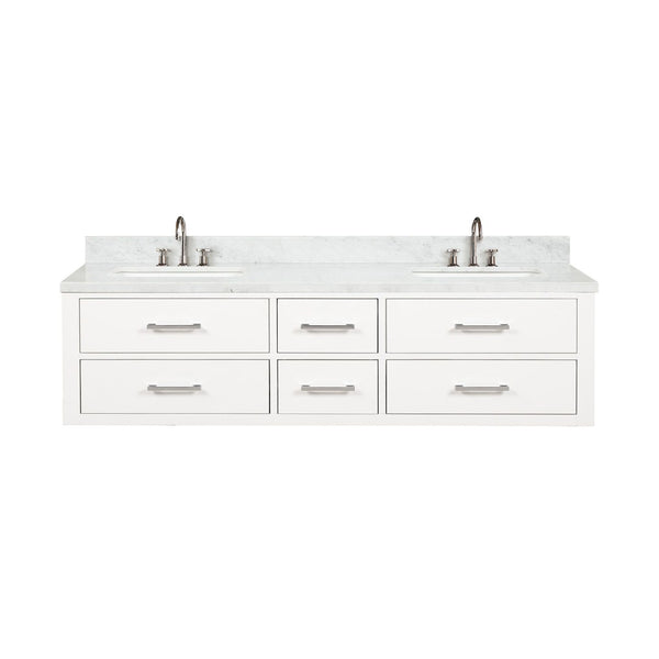 English Elm White Double Bath Vanity Set With Carrara Marble Top, Chrome Faucets, And Ample Storage Space B2731P258086-GIGA