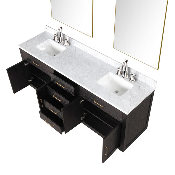 English Elm Brown Oak Double Bath Vanity Set With Carrara Marble Top, Dual Sinks, Chrome Faucets & Mirrors B2731S01805