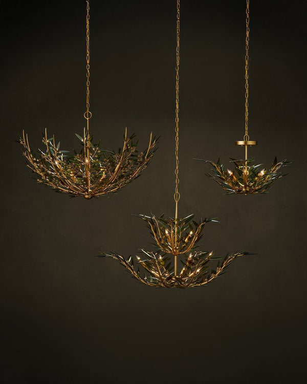 Currey & Company Babylon Chandelier - Elegant Bowl Design With Recycled Glass Leaves In Contemporary Gold Finish Green Recycled Bottle Glass ,Wrought Iron 9000-1310-currey-company