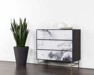 Sunpan Cordero Dresser: Modern Acacia Wood Marvel with Marble Design, Antique Brass Legs & Three Drawers