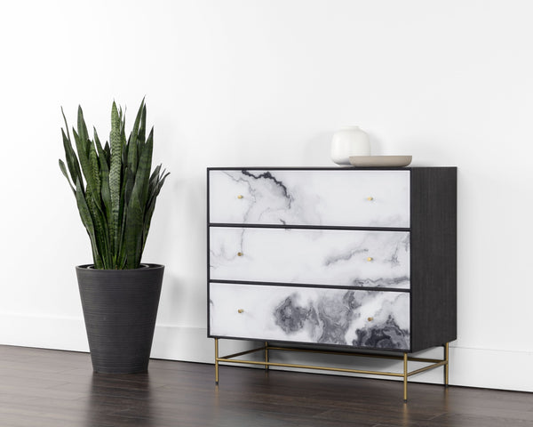 Sunpan Cordero Dresser: Modern Acacia Wood Marvel with Marble Design, Antique Brass Legs & Three Drawers