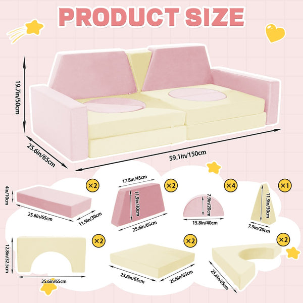 English Elm 14pcs Modular Foam Play Couch Set Convertible Toddler Fort Builder for Playrooms Pink+White T5880P493448