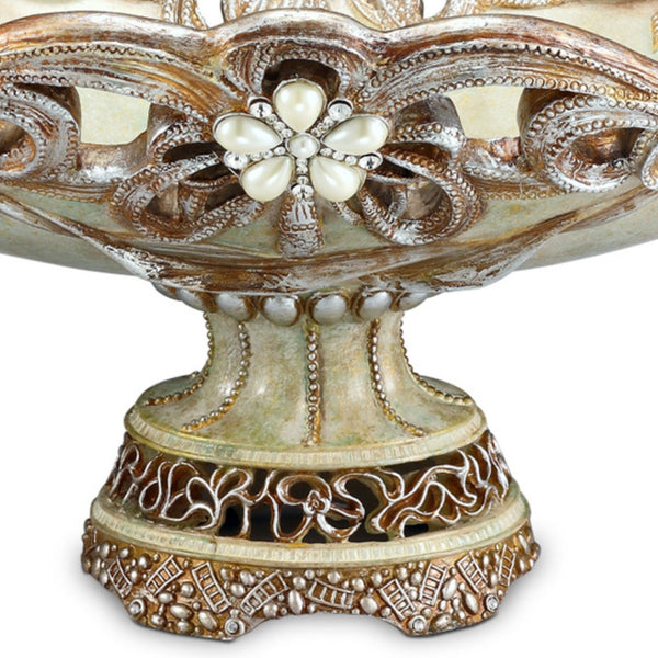 English Elm 9" Polyresin Fruit Bowl with Floral Pearl Accents Stone Finish Vintage Centerpiece B072116419