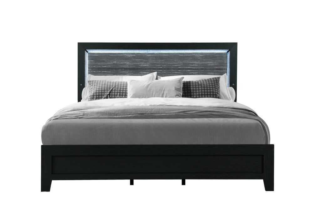 English Elm CARLOS Modern Full Bed with Upholstered Headboard, Solid Wood+MDF Frame, Glam LED Accent Lighting Black 65.6 L x 33.35 W x 4.73 H B201P226269