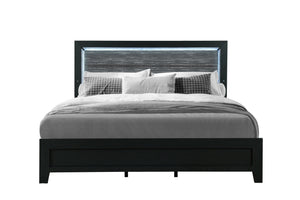 English Elm CARLOS Modern Full Bed with Upholstered Headboard, Solid Wood+MDF Frame, Glam LED Accent Lighting Black 65.6 L x 33.35 W x 4.73 H B201P226269