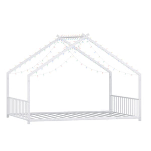 English Elm Full Full-size children's bed frame with LED roof design, white iron house-style frame, sturdy 350lb capacity W1820P356060
