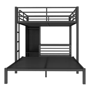 English Elm Queen Over Queen Bunk Bed Frame With Desk, Storage Chairs & Wardrobe – Space-Saving Black Design W1580S00110-GIGA